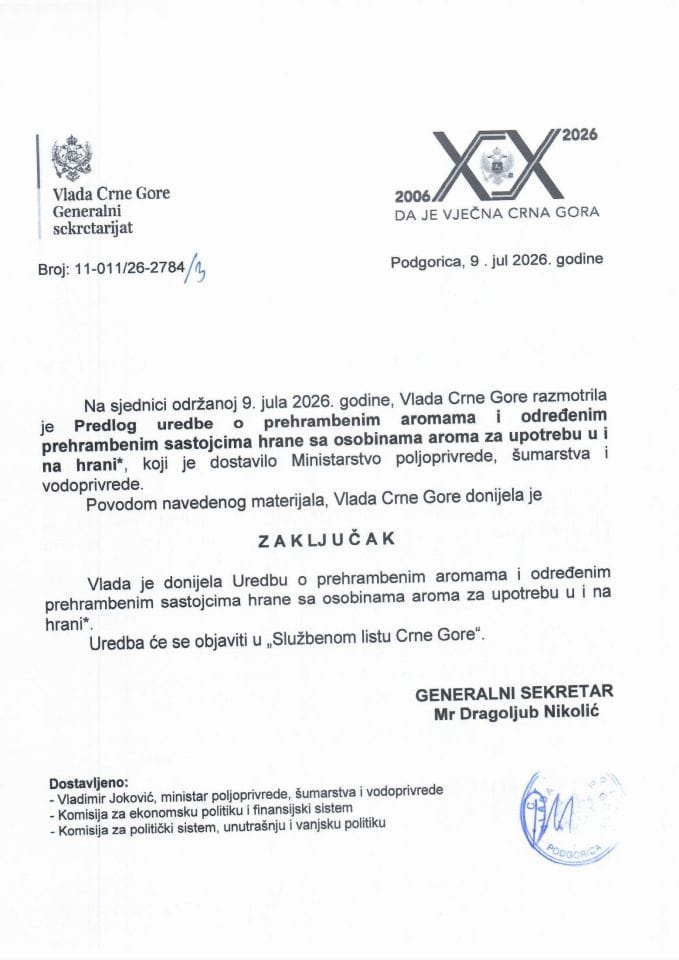 Predlog uredbe o prehrambenim aromama i određenim prehrambenim sastojcima hrane sa osobinama aroma za upotrebu u i na hrani* - Zaključci