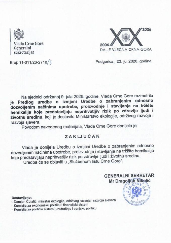Predog uredbe o izmjeni Uredbe o zabranjenim odnosno dozvoljenim načinima upotrebe, proizvodnje i stavljanja na tržište hemikalija koje predstavljaju neprihvatljiv rizik po zdravlje ljudi i životnu sredinu - Zaključci