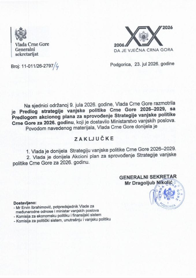 Predlog strategije vanjske politike Crne Gore 2026-2029, sa Predlogom akcionog plana za sprovođenje Strategije vanjske politike Crne Gore za 2026. godinu - Zaključci