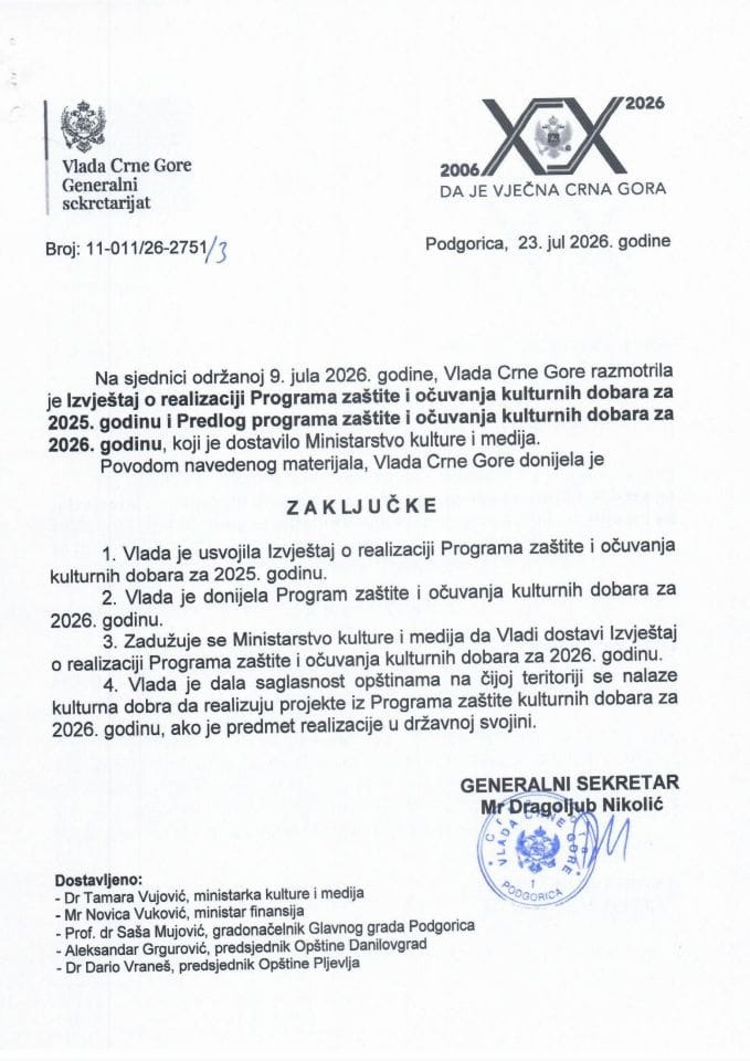 Izvještaj o realizaciji Programa zaštite i očuvanja kulturnih dobara za 2025. godinu i Predlog programa zaštite i očuvanja kulturnih dobara za 2026. godinu - Zaključci