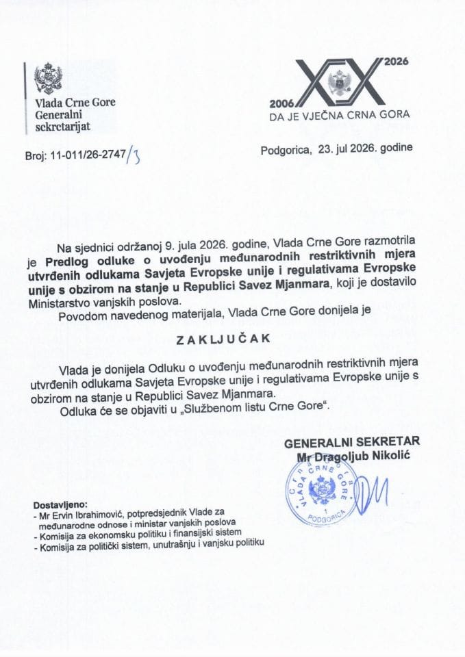 Predlog odluke o uvođenju međunarodnih restriktivnih mjera utvrđenih odlukama Savjeta Evropske unije i regulativama Evropske unije s obzirom na stanje u Republici Savez Mjanmara - Zaključci