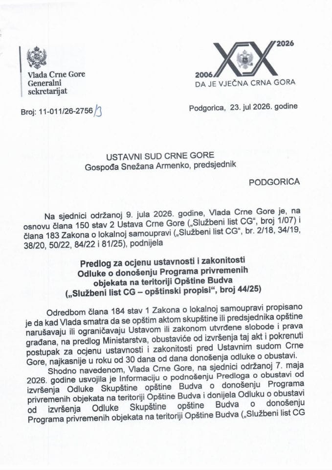 Predlog za ocjenu ustavnosti i zakonitosti Odluke o donošenju Programa privremenih objekata na teritoriji opštine Budva („Službeni list CG - opštinski propisi“, broj 44/25) - Zaključci