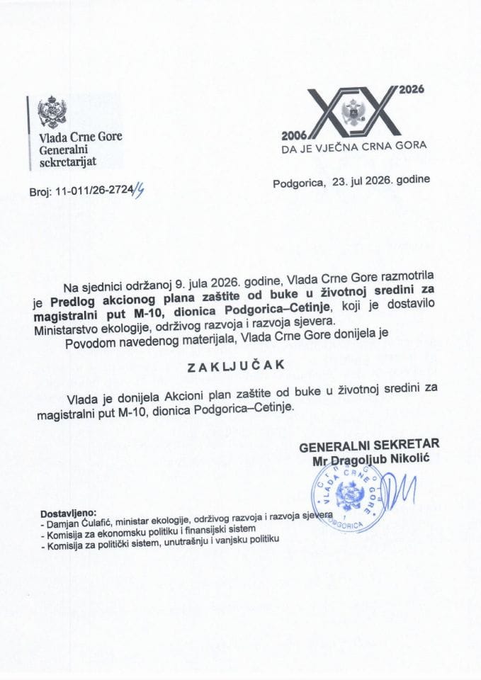 Predlog akcionog plana zaštite od buke u životnoj sredini za magistralni put M-10, dionica Podgorica-Cetinje - Zaključci