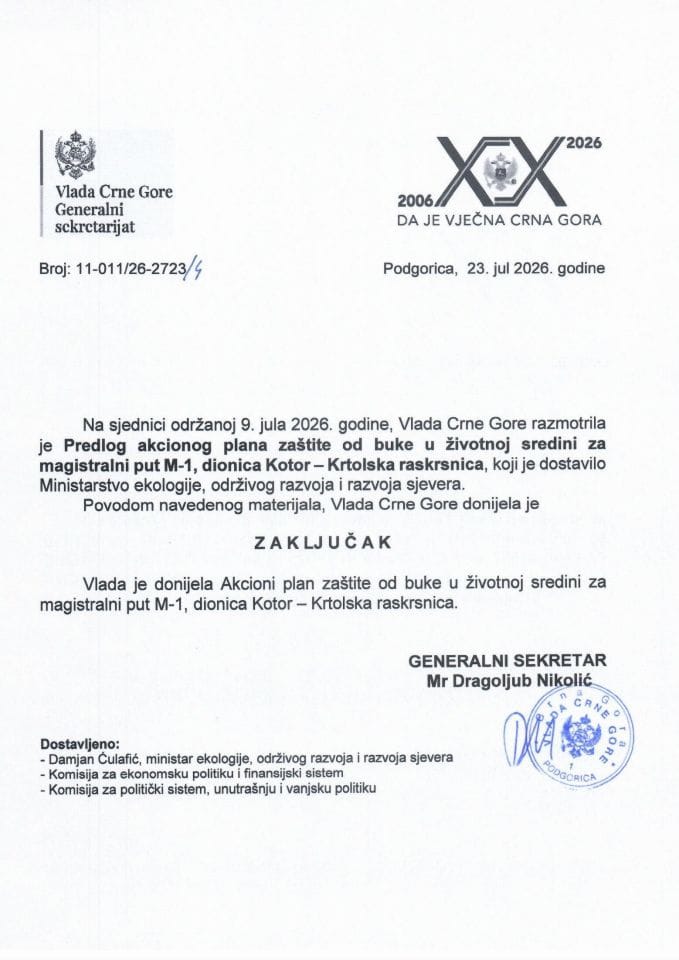 Predlog akcionog plana zaštite od buke u životnoj sredini za magistralni put M-1, dionica Kotor-Krtolska raskrsnica - Zaključci