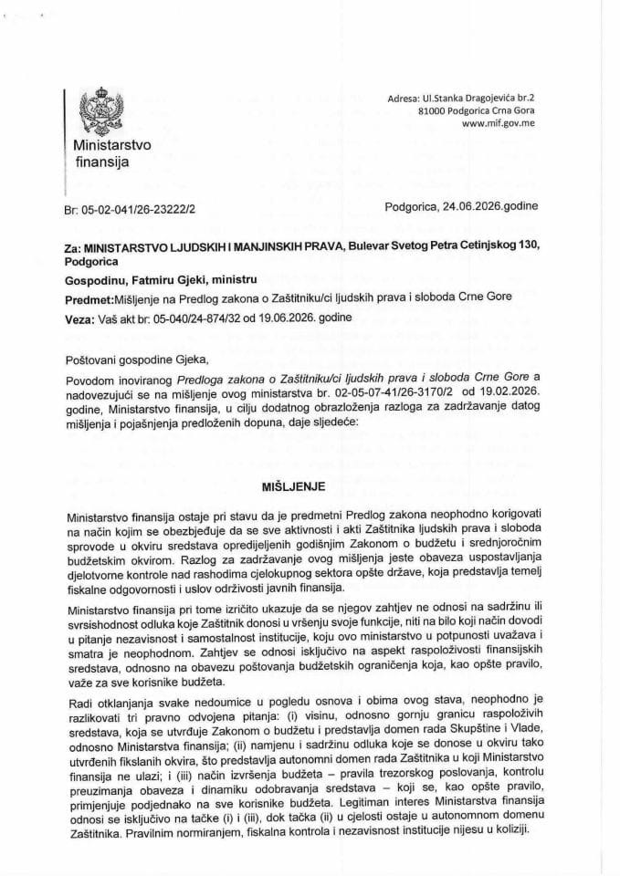 Mišljenje na Predlog zakona o zaštitniku/ci ljudskih prava i sloboda Crne Gore