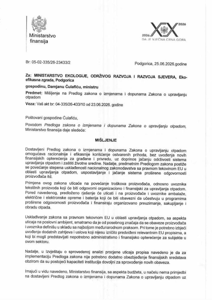 Mišljenje na Predlog zakona o izmjenama i dopunama Zakona o upravljanju otpadom