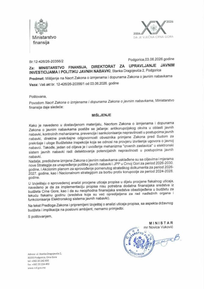 Mišljenje na Predlog zakona o izmjenama i dopunama Zakona o javnim nabavkama