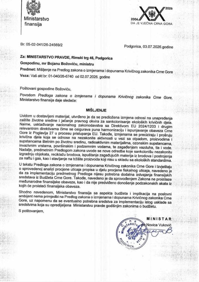 Mišljenje na Predlog zakona o izmjenama i dopunama Krivičnog zakonika Crne Gore