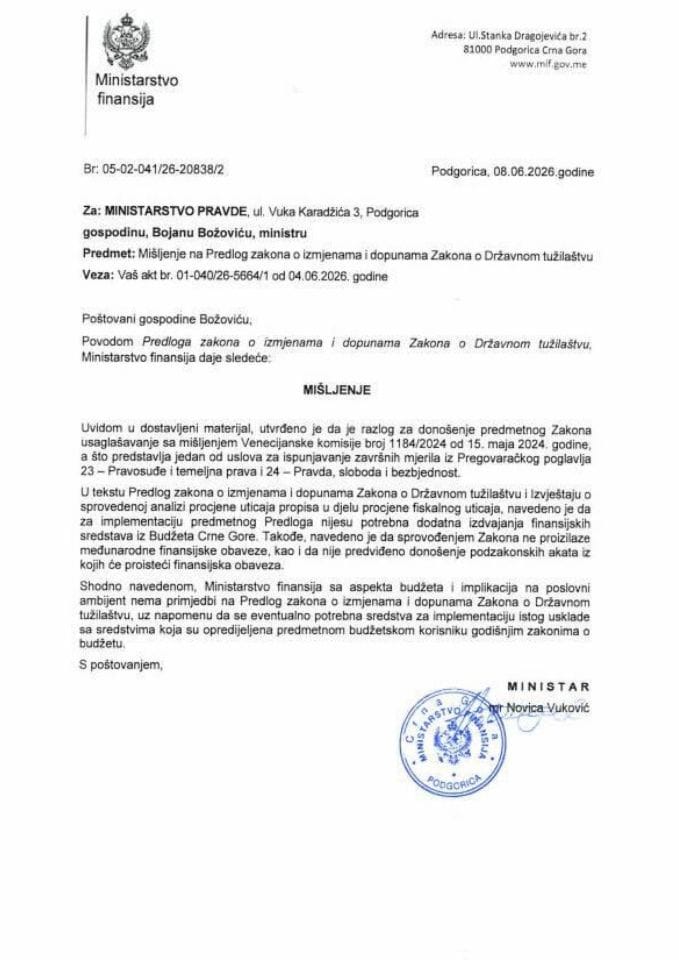 Mišljenje na Predlog zakona o izmjenama i dopunama Zakona o Državnom tužilaštvu