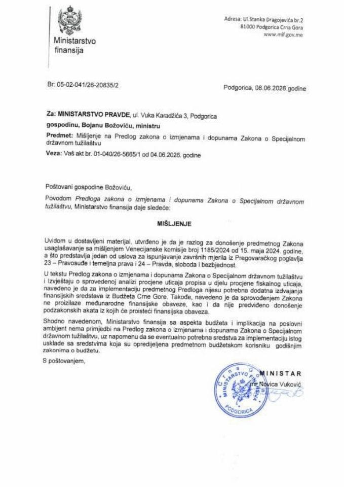 Mišljenje na Predlog zakona o izmjenama i dopunama Zakona o Specijalnom državnom tužilaštvu