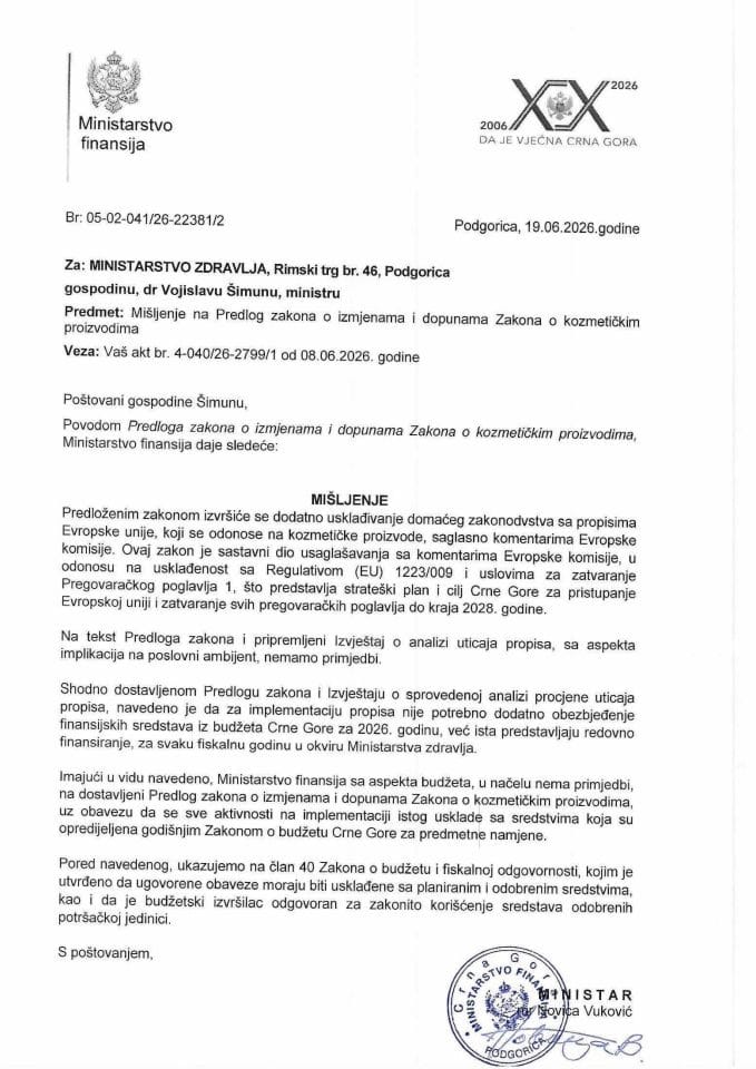 Mišljenje na Predlog zakona o izmjenama i dopunama zakona o kozmetičkim proizvodima