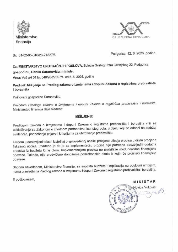 Mišljenje na Predlog zakona o izmjenama i dopuni Zakona o registrima prebivališta