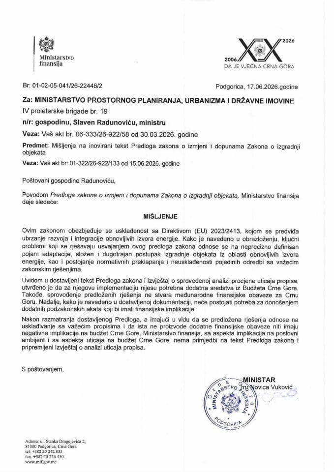 Mišljenje na Predlog zakona o izmjeni Zakona o izgradnji objekata