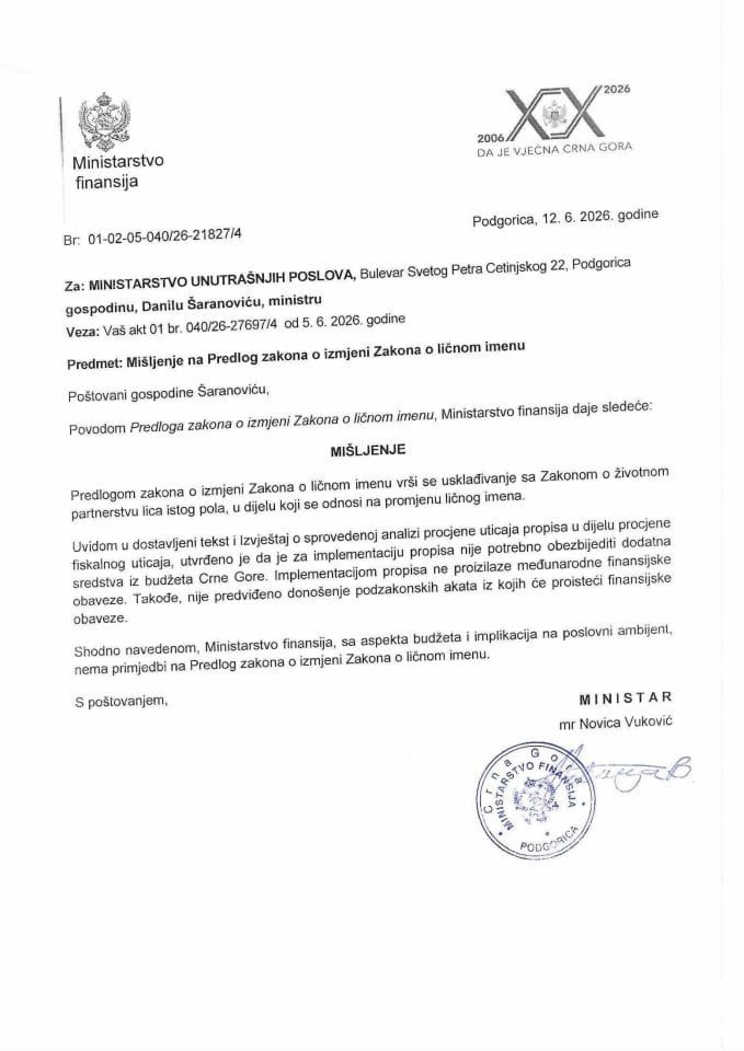Mišljenje na Predlog zakona o izmjeni zakona o ličnom imenu