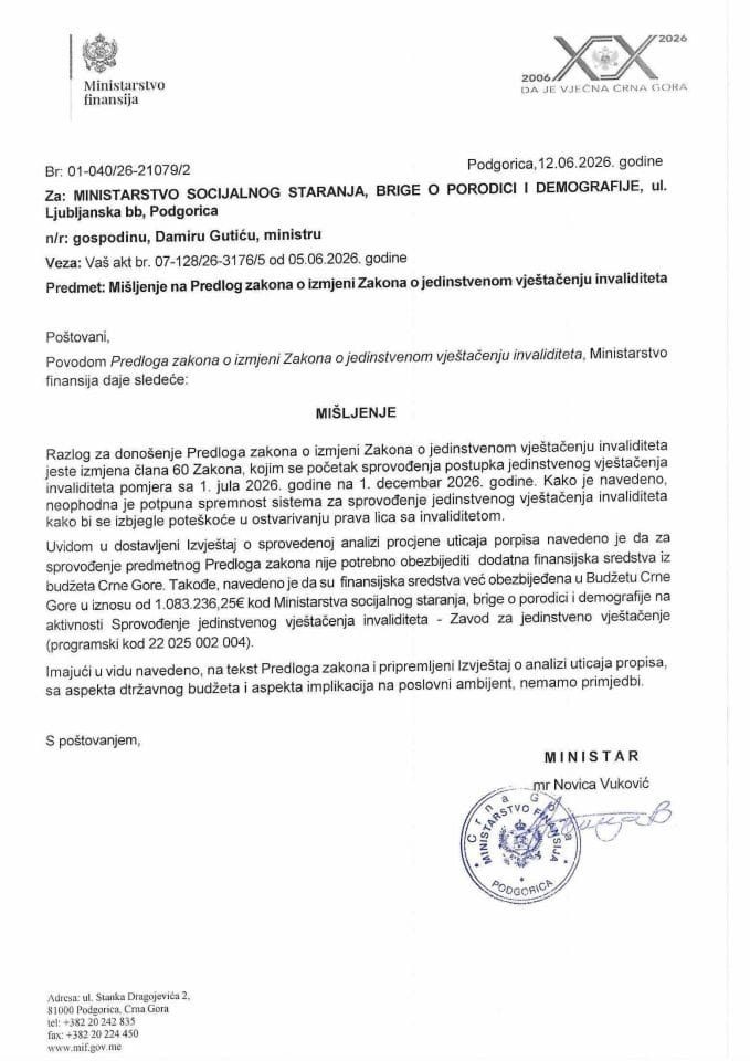 Mišljenje na Predlog zakona o jedinstvenom vještačenju invaliditeta