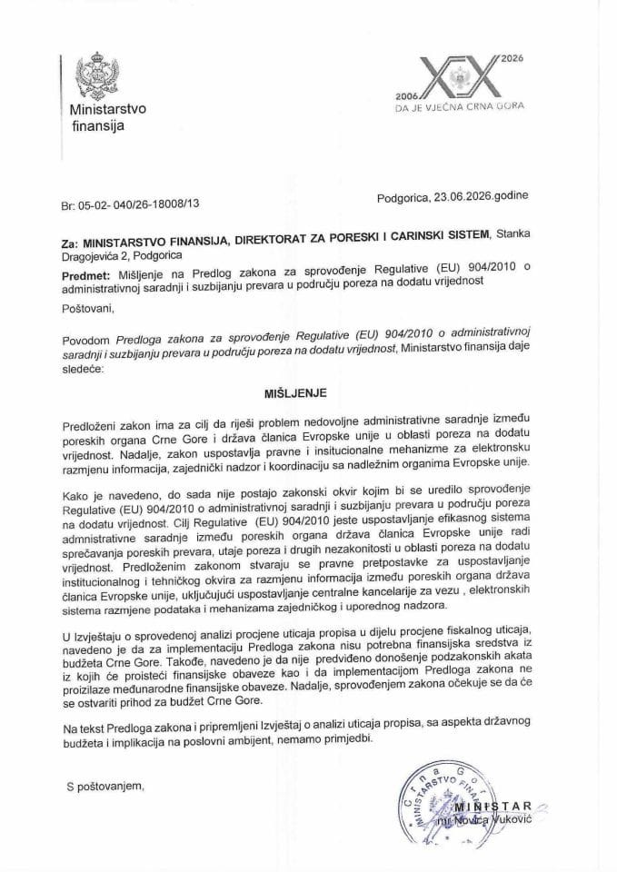Mišljenje na Predlog zakona za sprovođenje regulative ( EU ) 904 2010 o administrativnoj saradnji i suzbijanju prevara u području poreza na dodatu vrijednost
