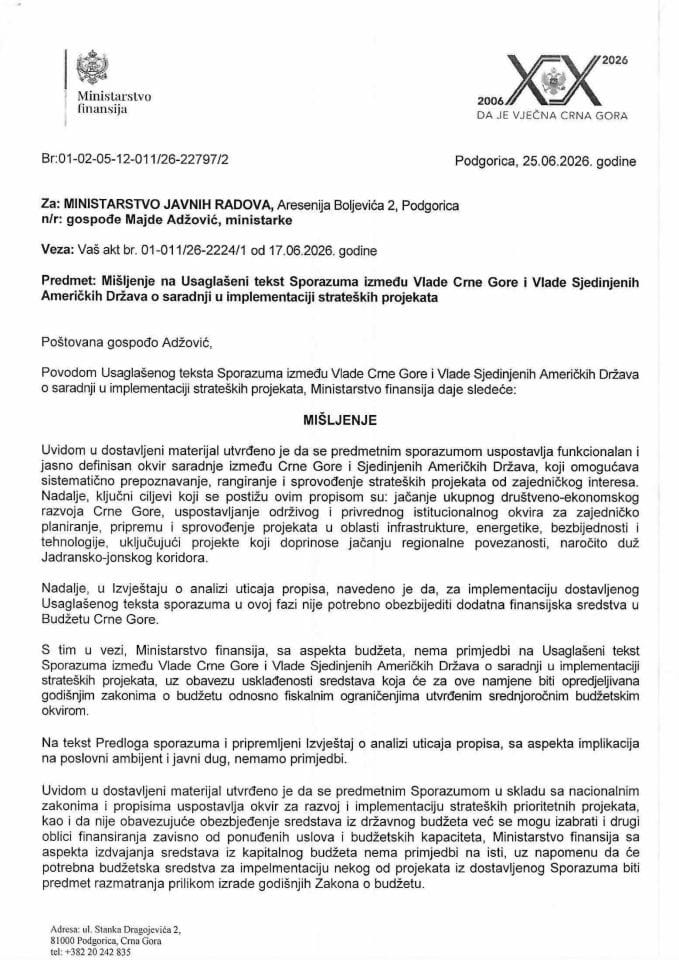 Mišljenje na usaglašeni tekst sporazuma između Vlade Crne Gore i Vlade SAD o saradnji i implementaciji strateških projekata