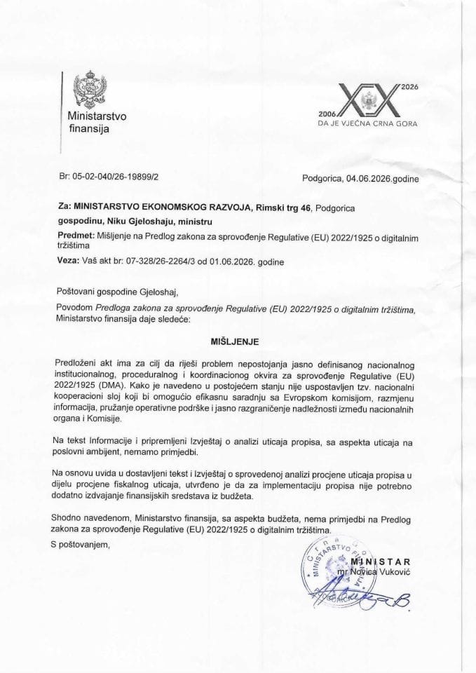 Mišljenje na Predlog zakona za sprovođenje Regulative ( EU ) 20221925 o digitalnim tržištima