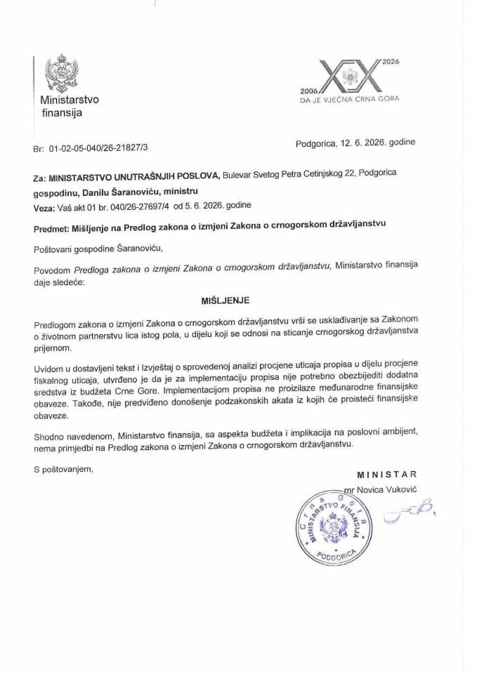 Mišljenje na Predlog zakona o izmjeni zakona o crnogorskom državljanstvu