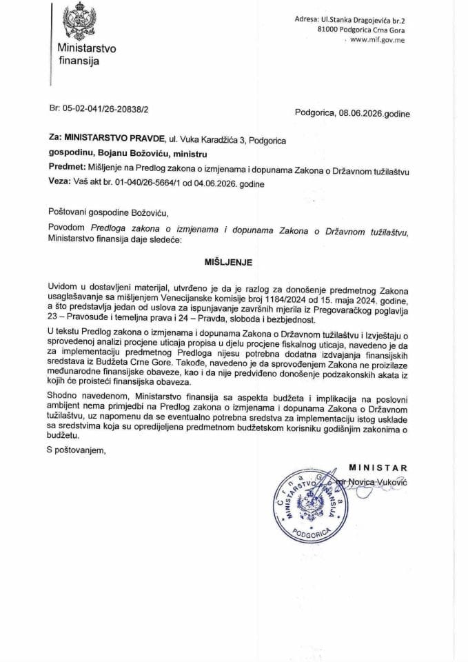 Mišljenje na Predlog zakona o izmjenama i dopunama Zakona o Državnom tužilaštvu