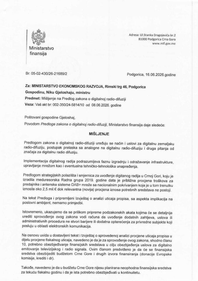 Mišljenje na Predlog zakona o digitalnoj radio - difuziji