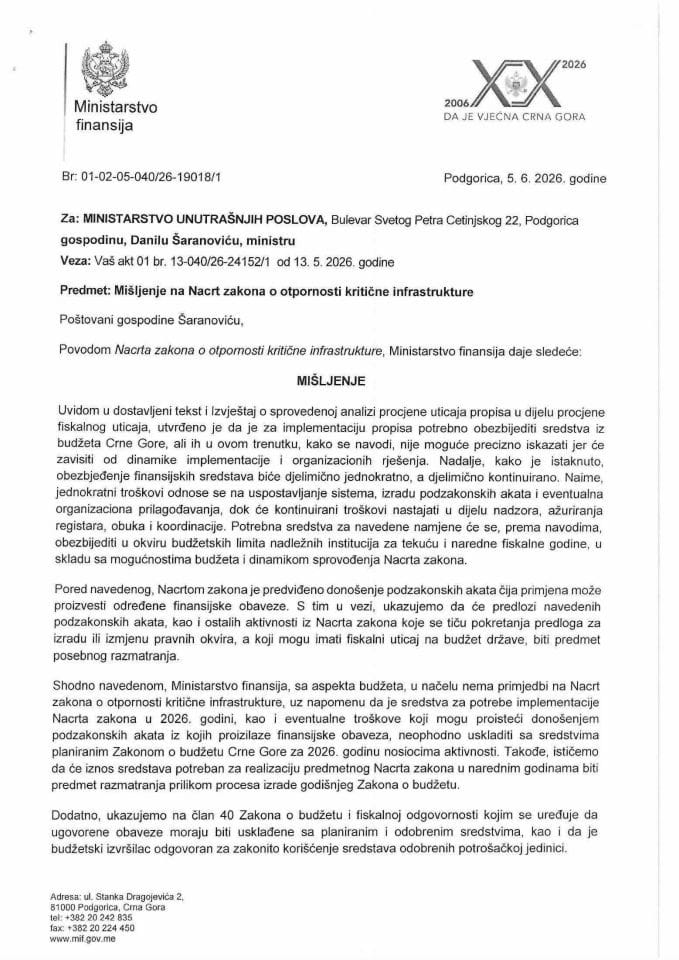 Mišljenje na Nacrt zakona o otpornosti kritične infrastrukture
