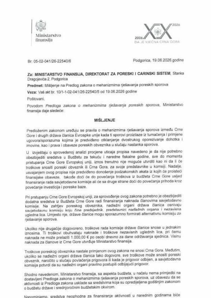 Mišljenje na Predlog zakona o mehanizmima rješavanja poreskih sporova
