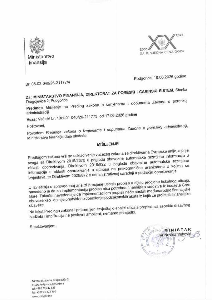 Mišljenje na Predlog zakona o izmjenama i dopunama Zakona o poreskoj administraciji