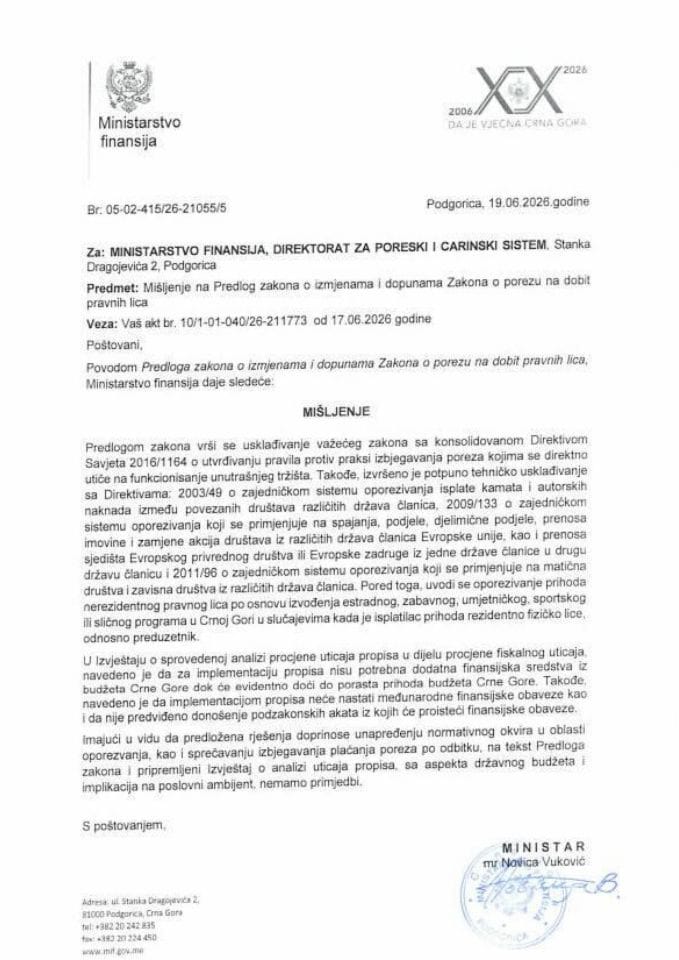 Mišljenje na Predlog zakona o izmjenama i dopunama Zakona o porezu na dobit pravnih lica
