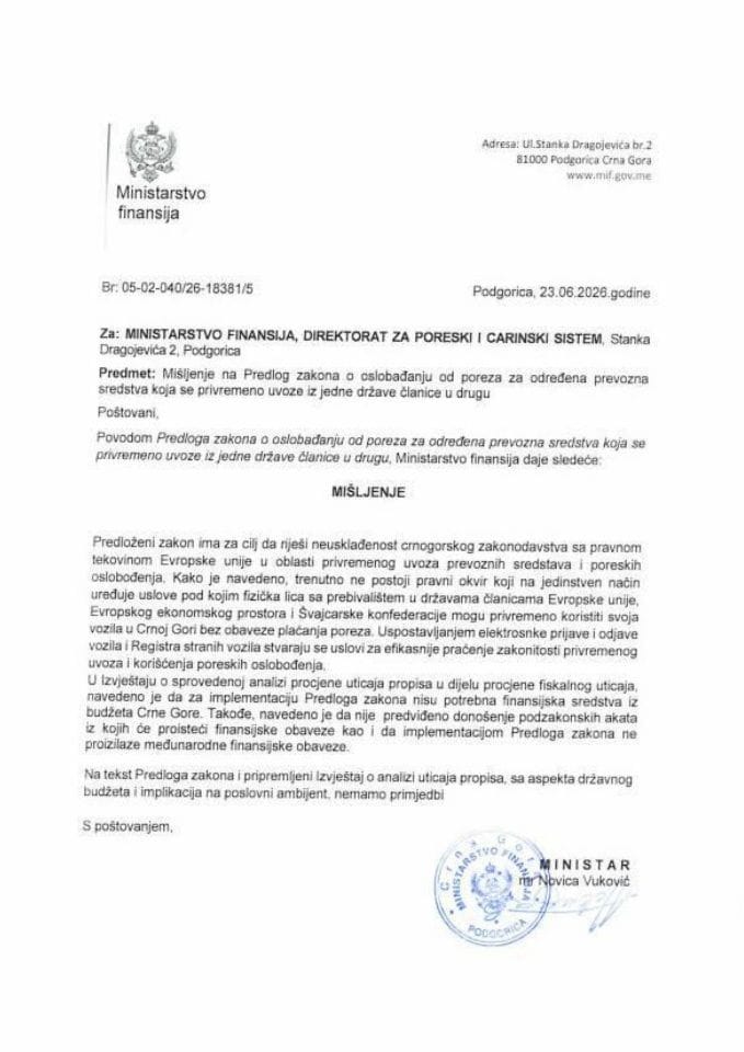 Mišljenje na Predlog zakona o oslobađanju od poreza za određena prevozna sredstva koja se privremeno uvoze iz jedne države članice u drugu