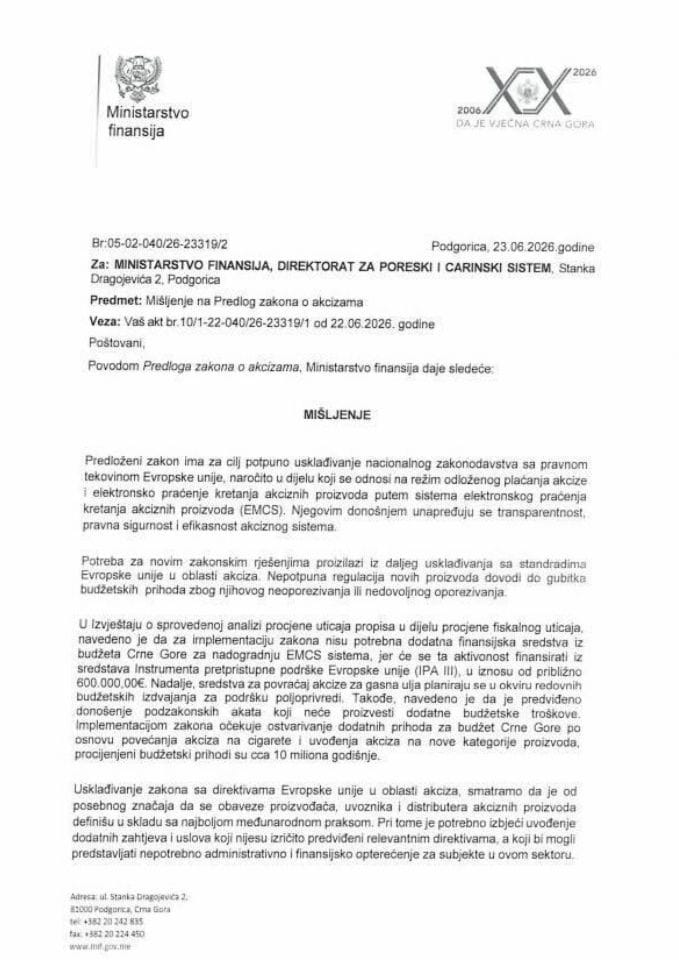 Mišljenje na Predlog zakona o akcizama