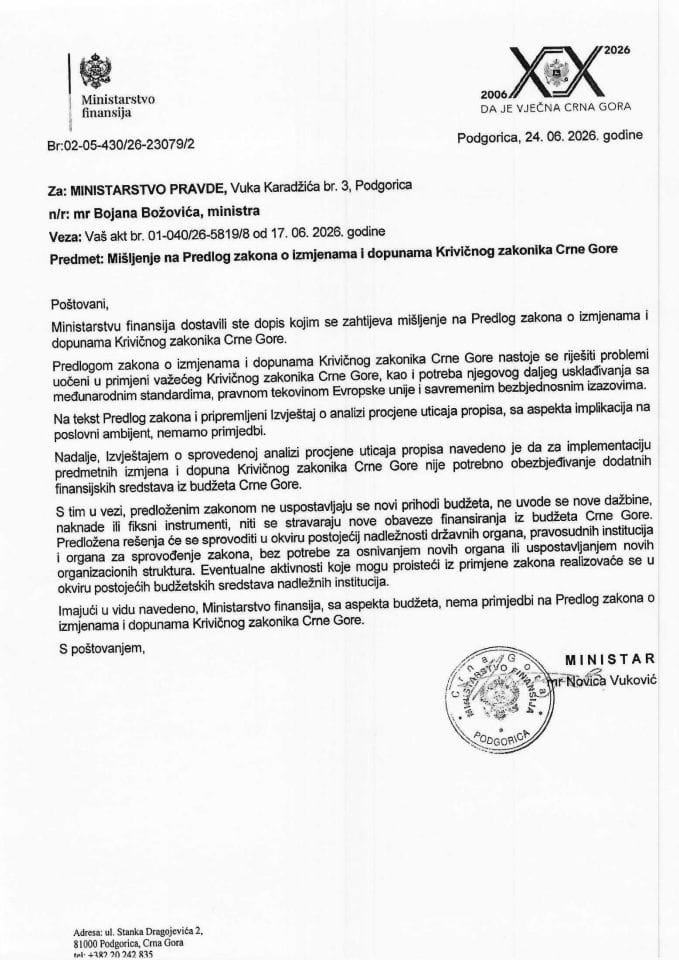 Mišljenje na Predlog zakona o izmjenama i dopunama Krivičnog zakonika Crne Gore