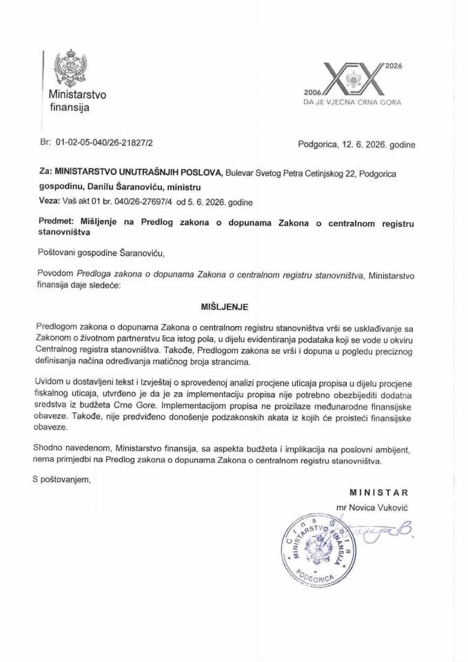 Mišljenje na Predlog zakona o dopunama Zakona o centralnom registru stanovništva