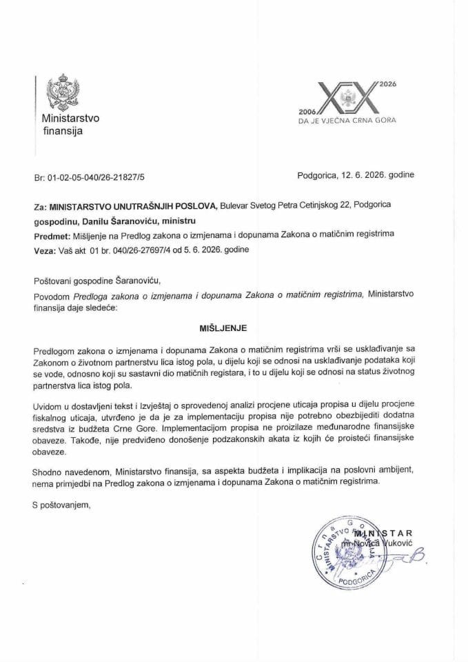 Mišljenje na Predlog zakona o izmjenama i dopunama Zakona o matičnim registrima
