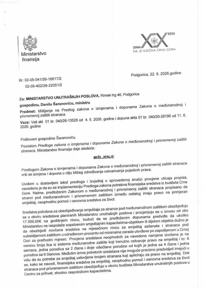 Mišljenje na Predlog zakona o izmjenama i dopunama Zakona o međunarodnoj i privremenoj zaštiti stranaca