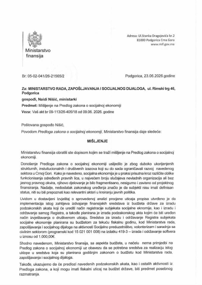 Mišljenje na Predlog zakona o socijalnoj ekonomiji