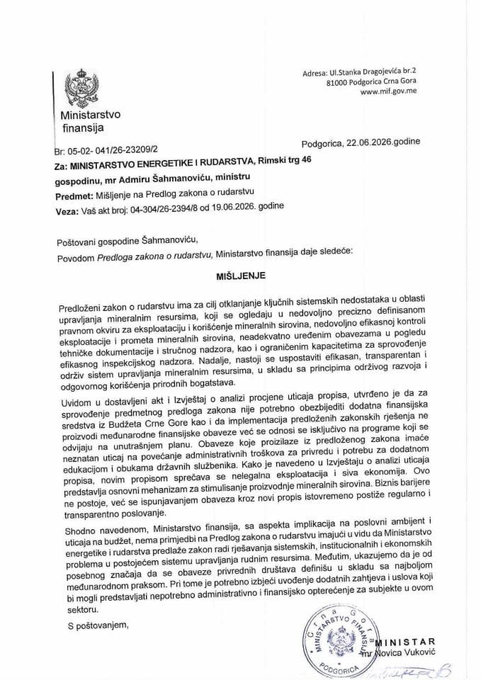 Mišljenje na Zakon o rudarstvu