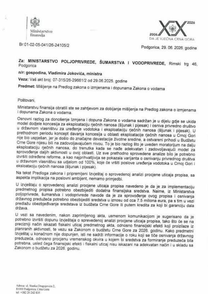 Mišljenje na Predlog zakona o izmjenama i dopunama Zakona o vodama