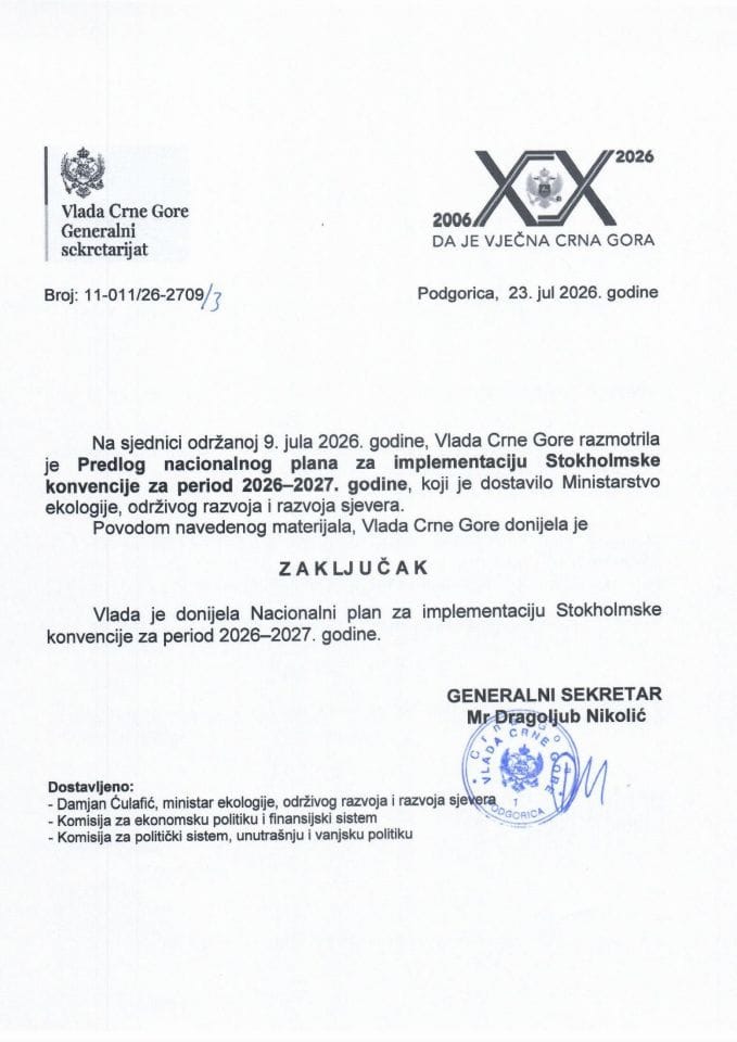 Predlog nacionalnog plana za implementaciju Stokholmske konvencije za period 2026-2027. godine - Zaključci