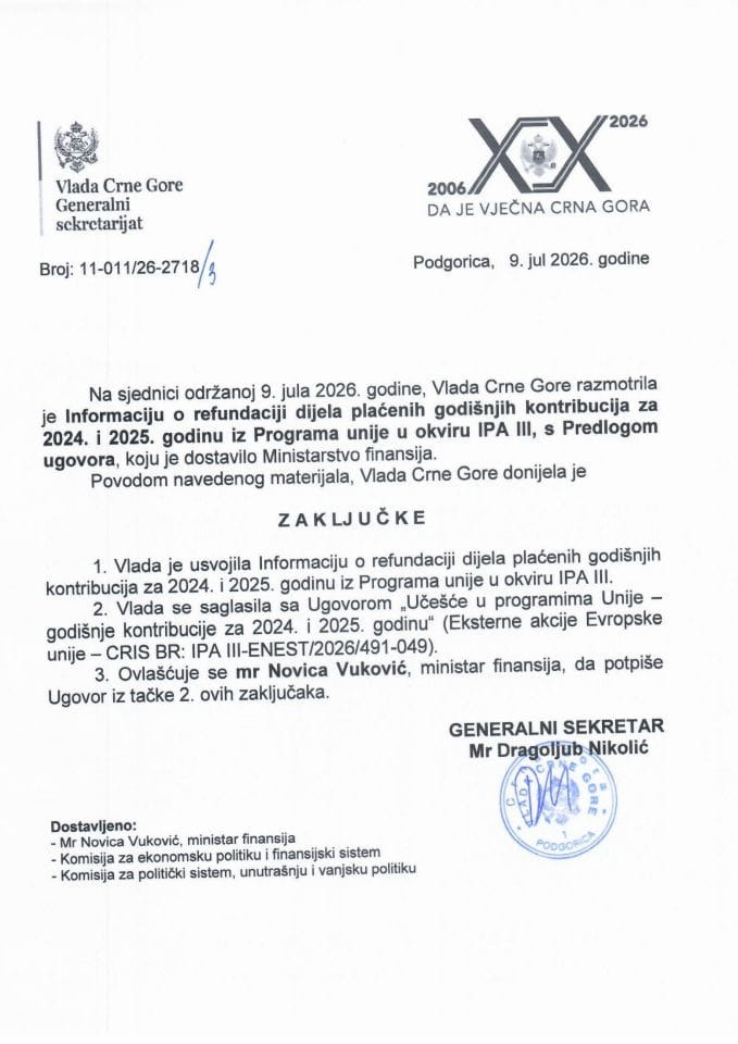 Informacija o refundaciji dijela plaćenih godišnjih kontribucija za 2024. i 2025. godinu iz Programa unije u okviru IPA III s Predlogom ugovora - Zaključci