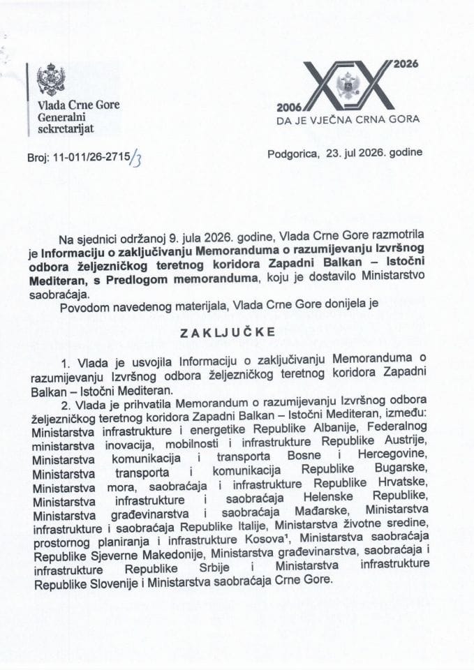 Informacija o zaključivanju Memoranduma o razumijevanju Izvršnog odbora željezničkog teretnog koridora Zapadni Balkan - Istočni Mediteran s Predlogom memoranduma - Zaključci