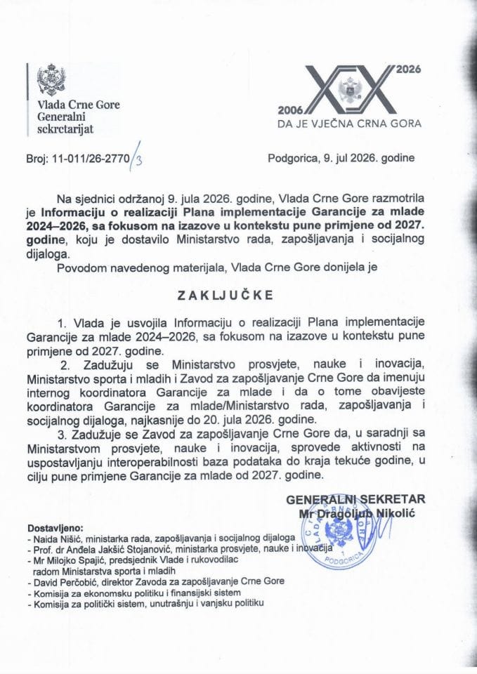 Informacija o realizaciji Plana implementacije Garancije za mlade 2024-2026, sa fokusom na izazove u kontekstu pune primjene od 2027. godine - Zaključci