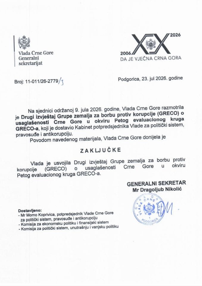 Drugi izvještaj Grupe zemalja za borbu protiv korupcije (GRECO) o usaglašenosti Crne Gore u okviru Petog evaluacionog kruga GRECO-a - Zaključci