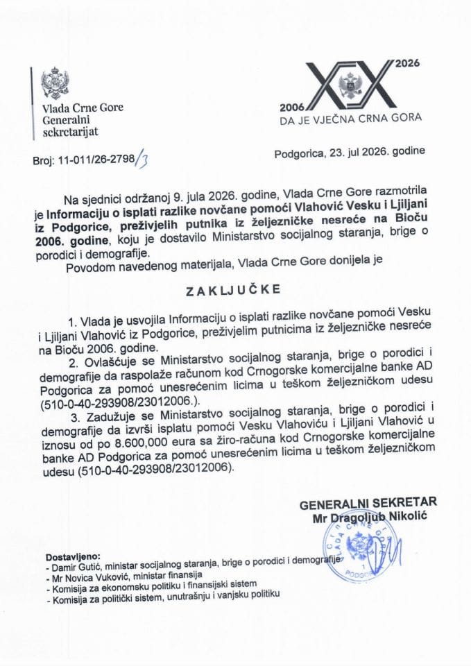 Informacija o isplati razlike novčane pomoći Vlahović Vesku i Ljiljani iz Podgorice, preživjelih putnika iz željezničke nesreće na Bioču 2006. godine - Zaključci