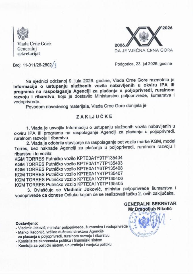 Informacija o ustupanju službenih vozila nabavljenih u okviru IPA III programa na raspolaganje Agenciji za plaćanja u poljoprivredi, ruralnom razvoju i ribarstvu - Zaključci