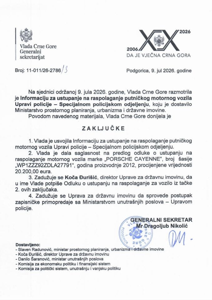 Informacija za ustupanje na raspolaganje putničkog motornog vozila Upravi policije - Specijalnom policijskom odjeljenju - Zaključci