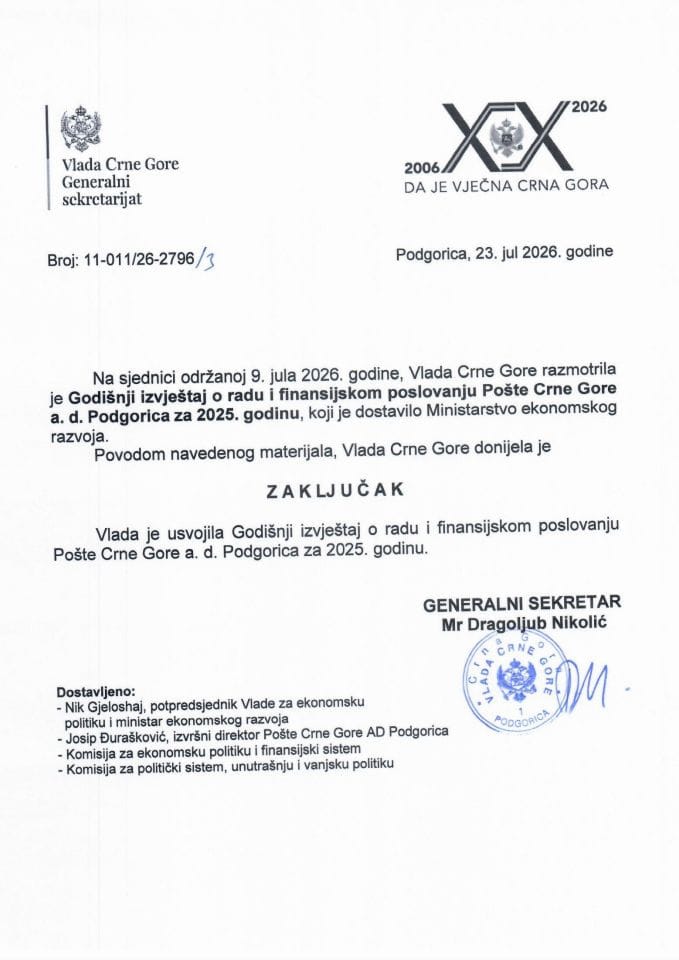 Godišnji izvještaj o radu i finansijskom poslovanju Pošte Crne Gore a.d. Podgorica za 2025. godinu - Zaključci