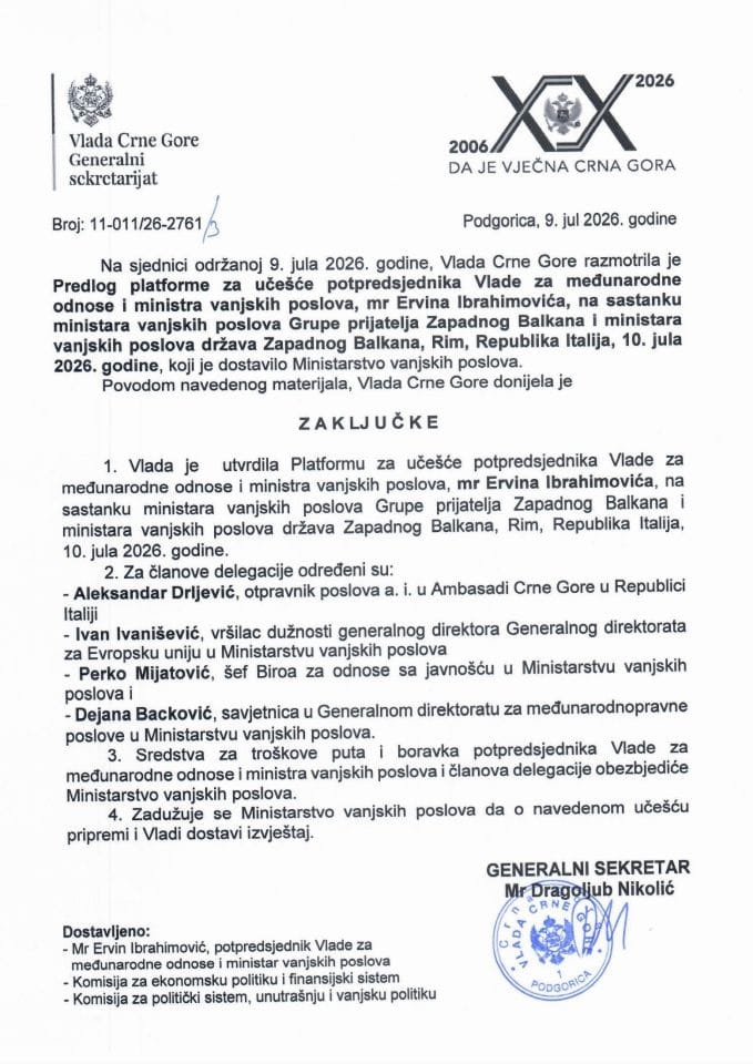 Predlog platforme za učešće potpredsjednika Vlade za međunarodne odnose i ministra vanjskih poslova mr Ervina Ibrahimovića na sastanku ministara vanjskih poslova Grupe prijatelja Zapadnog Balkana i ministara vanjskih poslova država ZB - Zaključci
