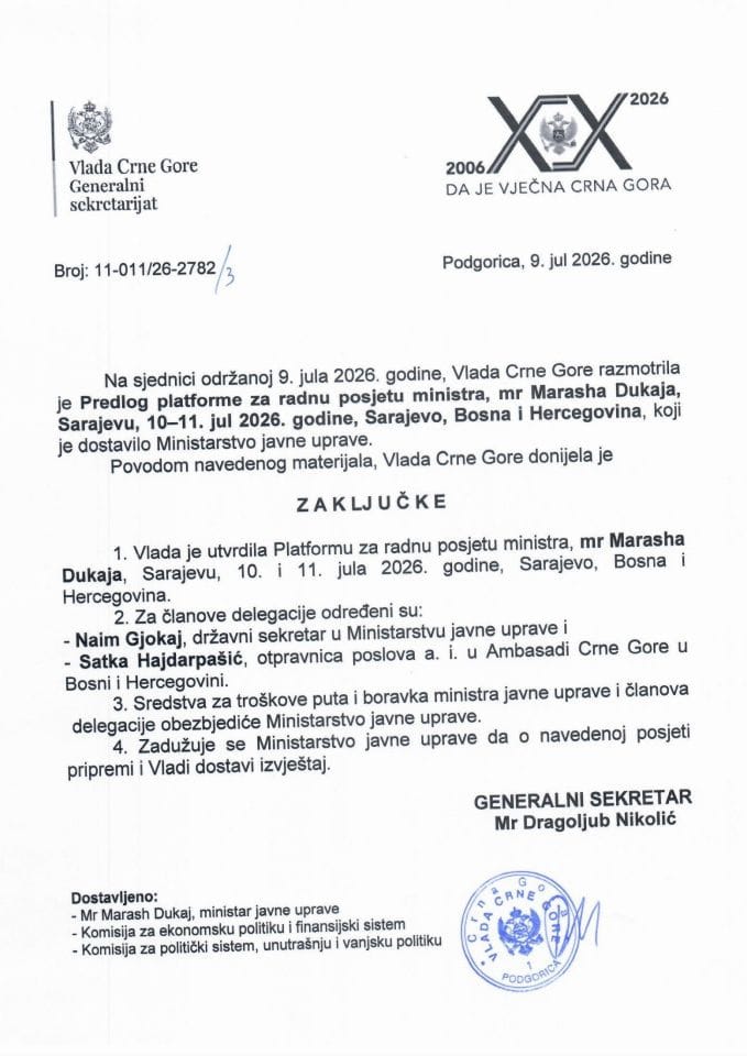 Predlog platforme za radnu posjetu ministra javne uprave, mr Marasha Dukaja, Sarajevu, Bosna i Hercegovina, 10-11. jul 2026. godine - Zaključci