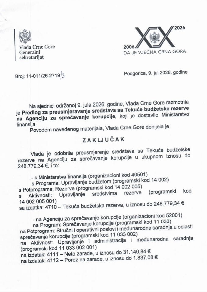Predlog za preusmjeravanje sredstava sa Tekuće budžetske rezerve na Agenciju za sprečavanje korupcije - Zaključci